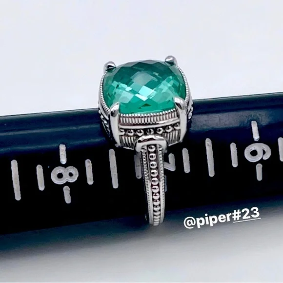 EUC Judith Ripka Sterling Silver 3.0 carat synthetic Paraiba Spinel Cushion Ring - Picture 8 of 10